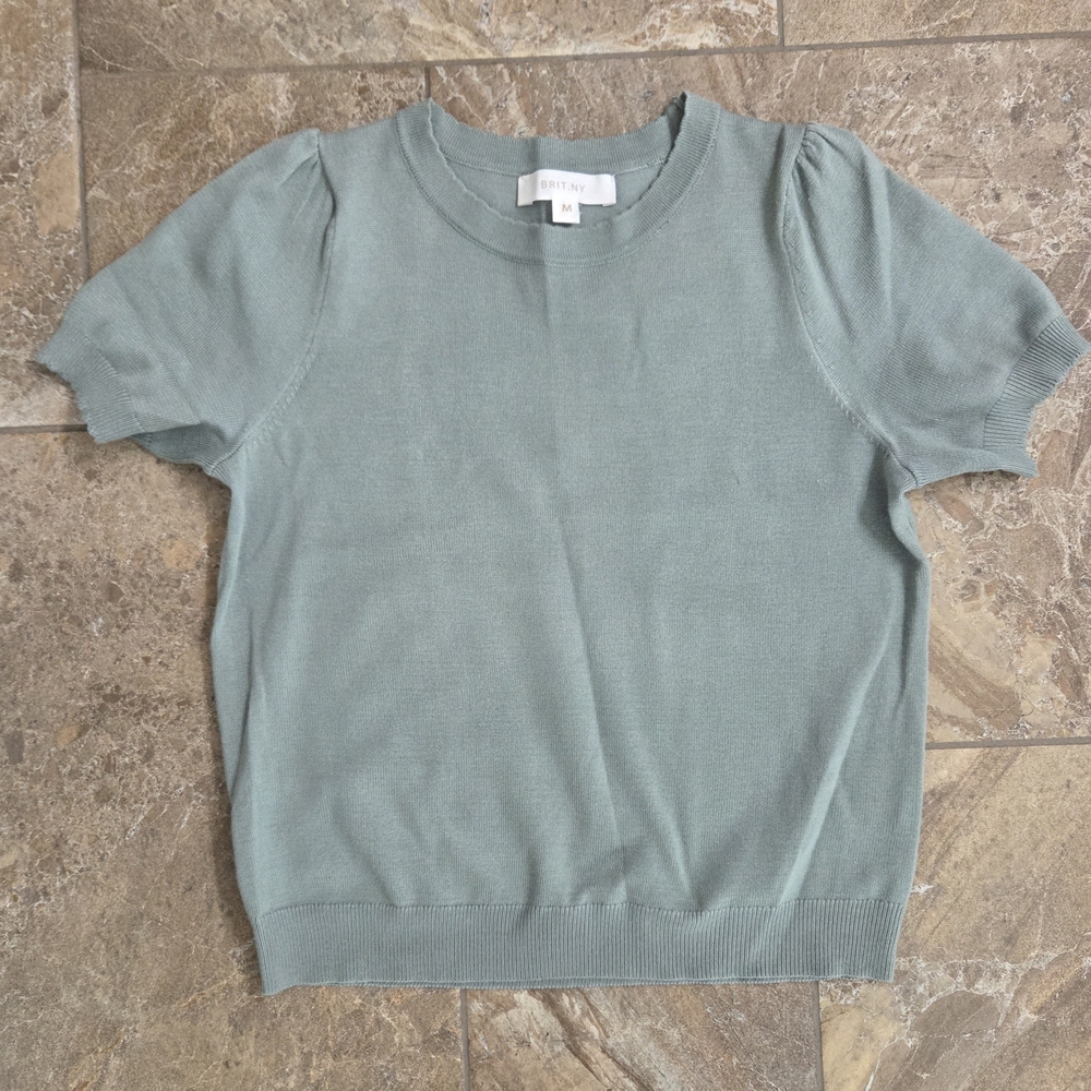 Brit.ny Soft Green Short Sleeve Top Women Med‎ Knit Casual Career Comfy